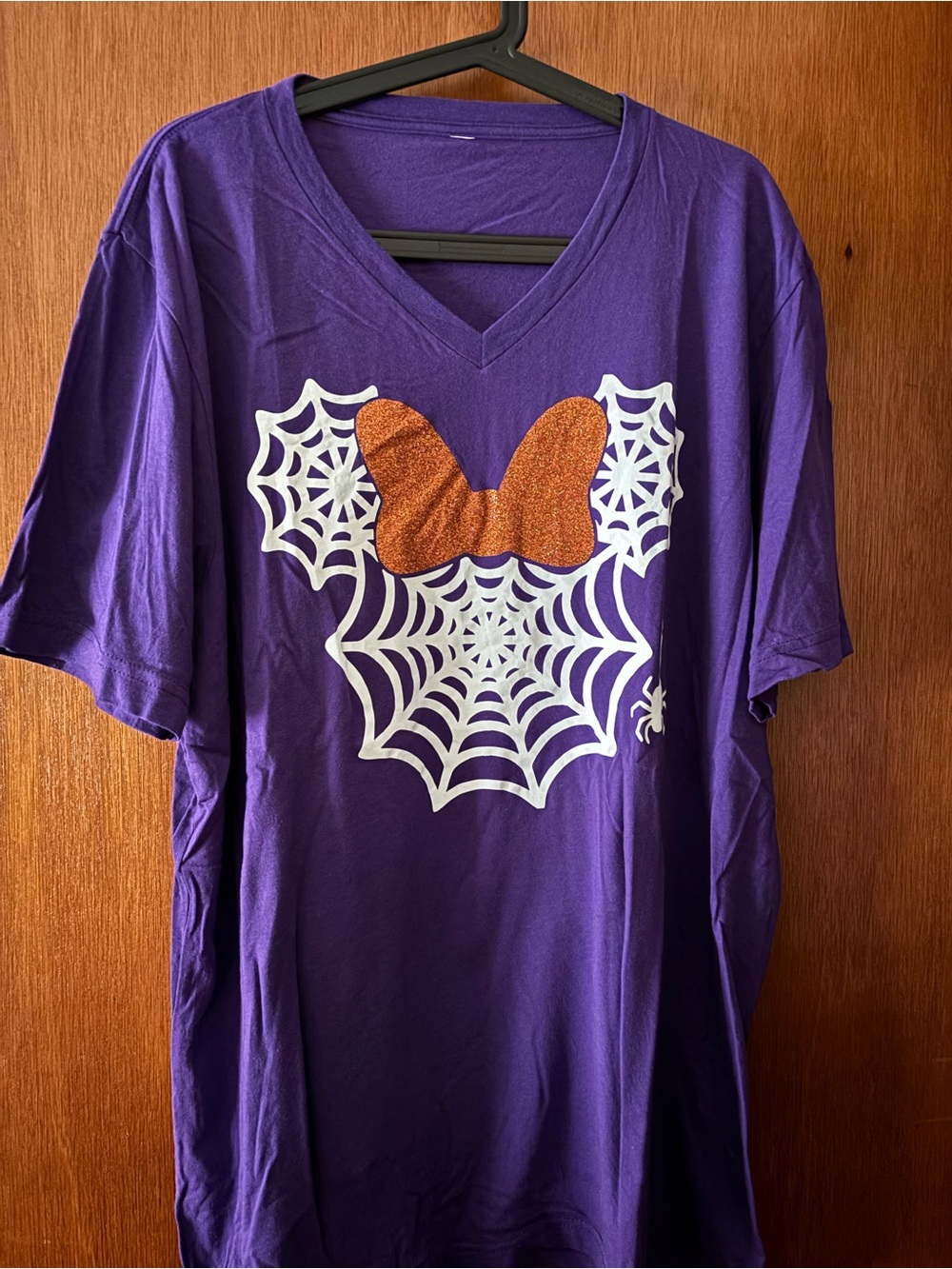 Disney Halloween Spiderweb Minnie Mouse V-neck Tee with Orange Bow
